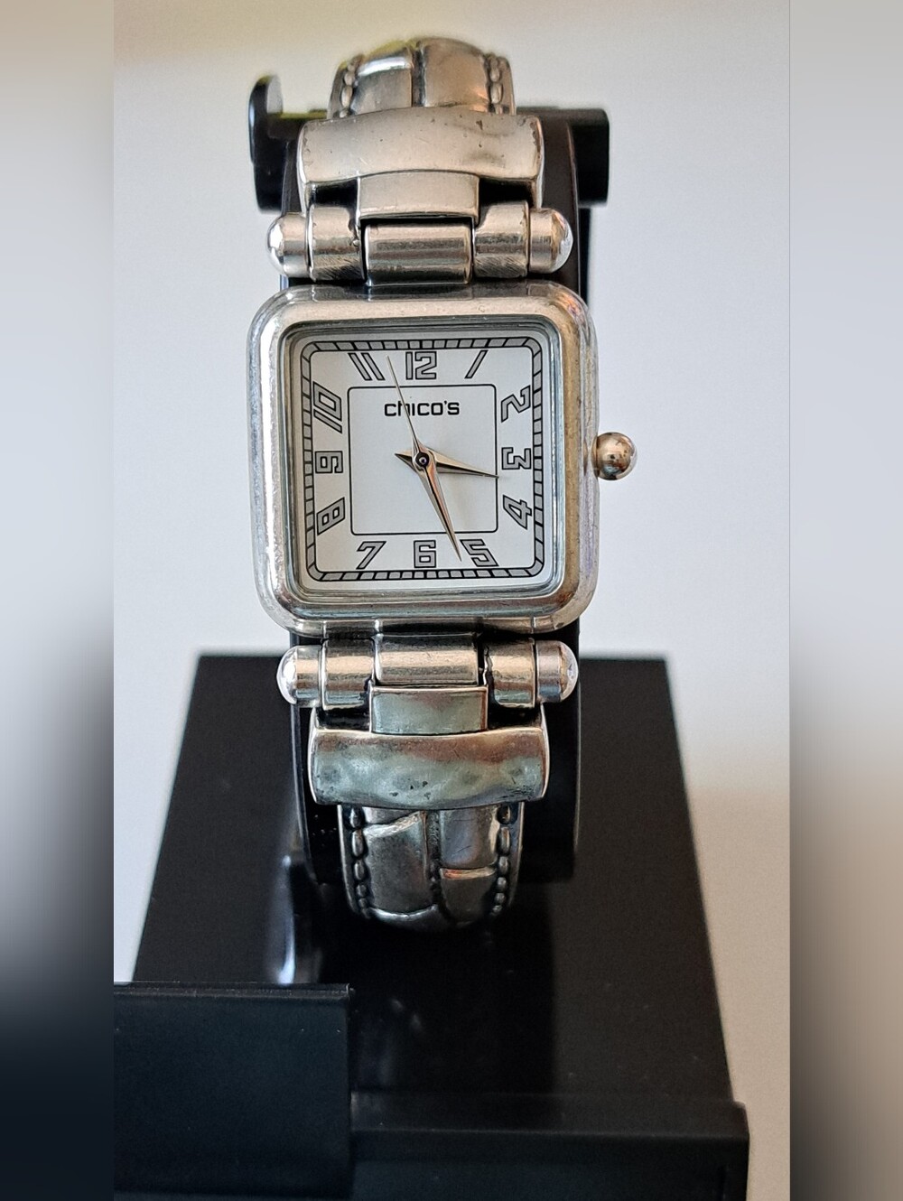 Chico's Women's Silver-Tone Cuff Square Face and White Dial  Watch